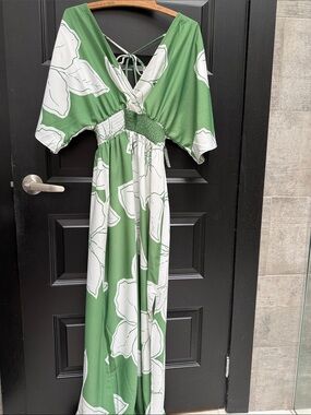 Green Floral Maxi Dress with White Blooms